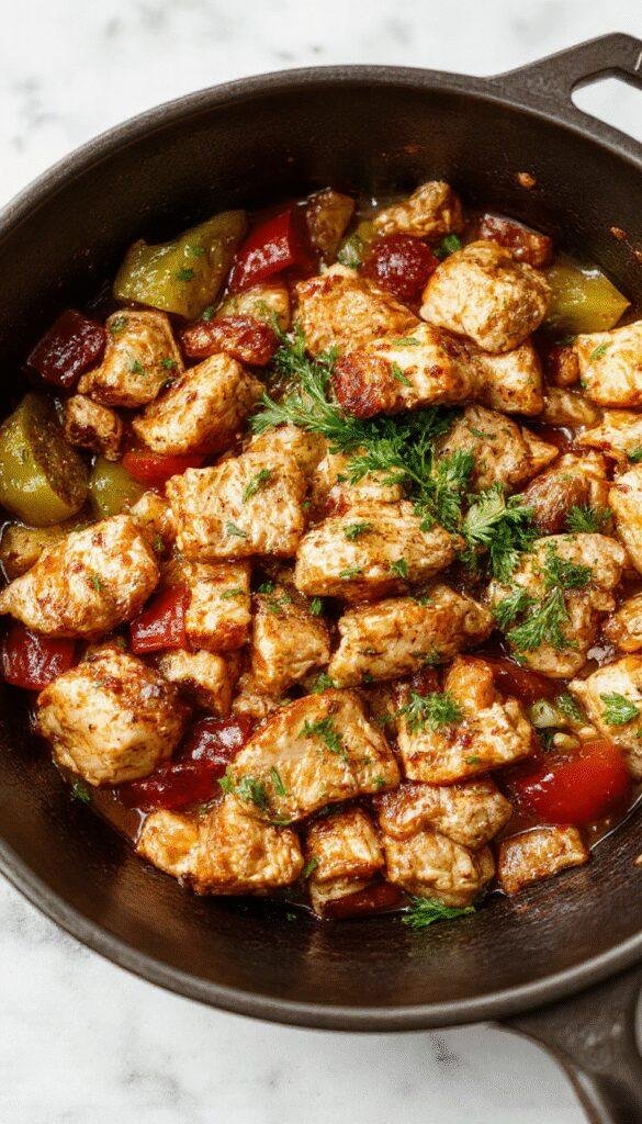A colorful skillet dish featuring slices of turkey, vibrant red and green peppers, and seasoned herbs in a sizzling pan