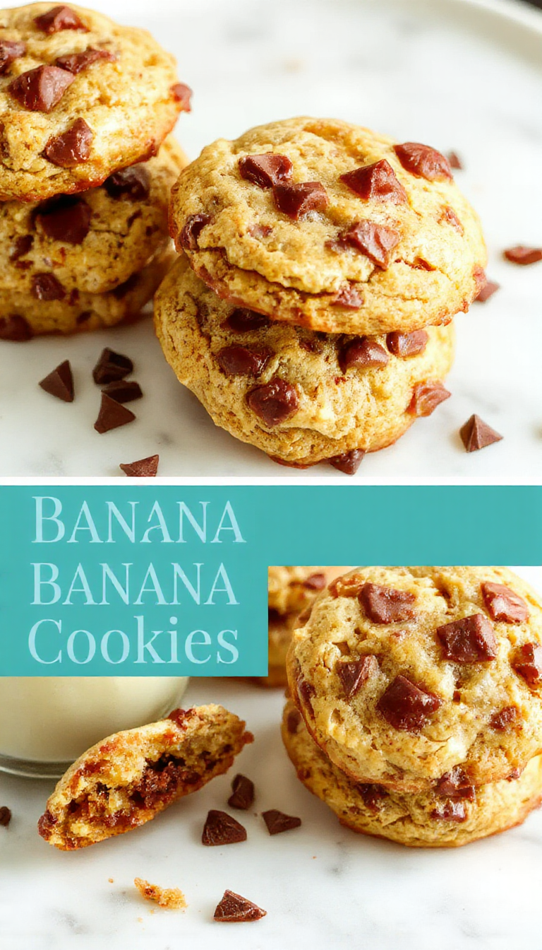 Freshly baked banana cookies with golden edges, displayed on a rustic plate with a few bananas nearby.