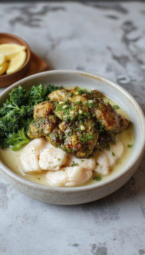 A plate of Velvet Green Chicken featuring tender green chicken pieces garnished with herbs and served with fresh vegetables.