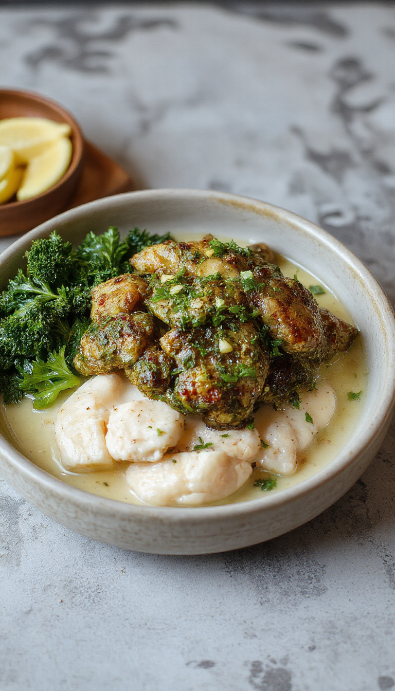 A plate of Velvet Green Chicken featuring tender green chicken pieces garnished with herbs and served with fresh vegetables.