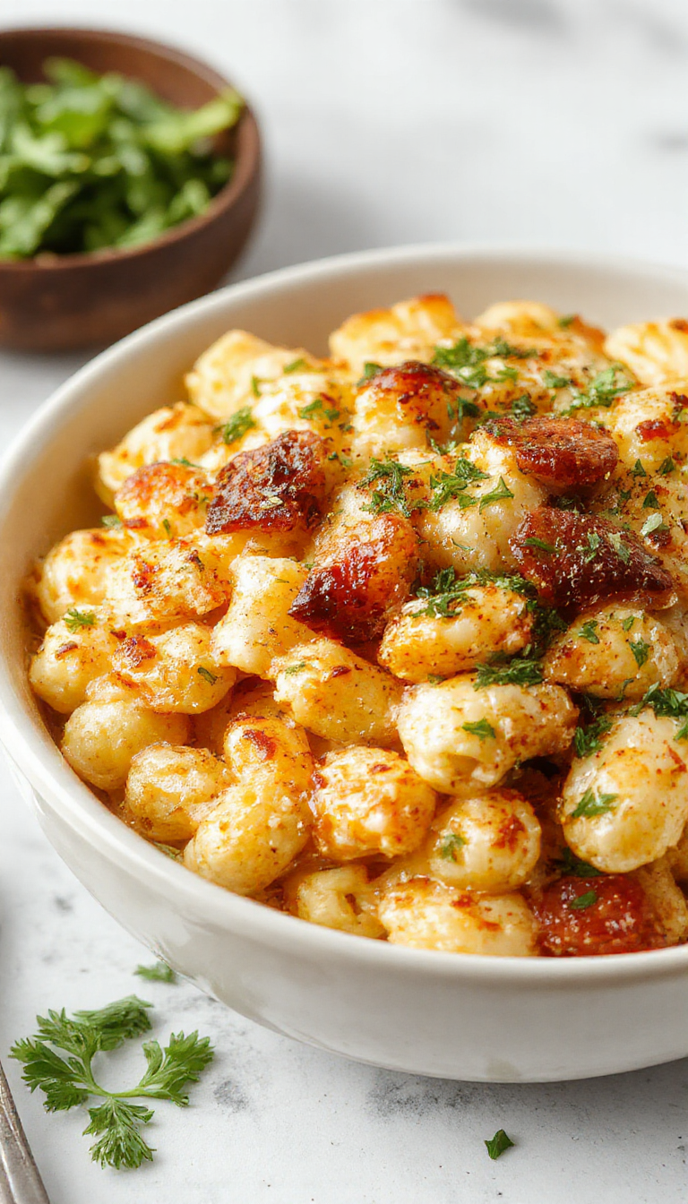 A creamy bowl of smoky tangy chicken mac and cheese topped with melted cheese and fresh herbs, garnished with crispy chicken bits.