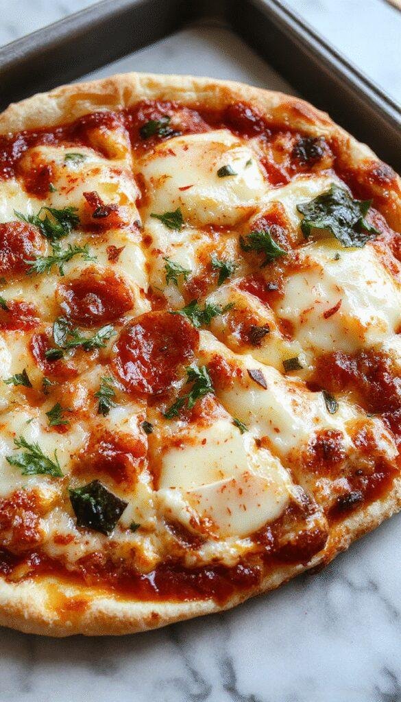 A sliced crustless pizza on a white plate, showcasing colorful toppings like cheese, peppers, and pepperoni, with a golden melted appearance.