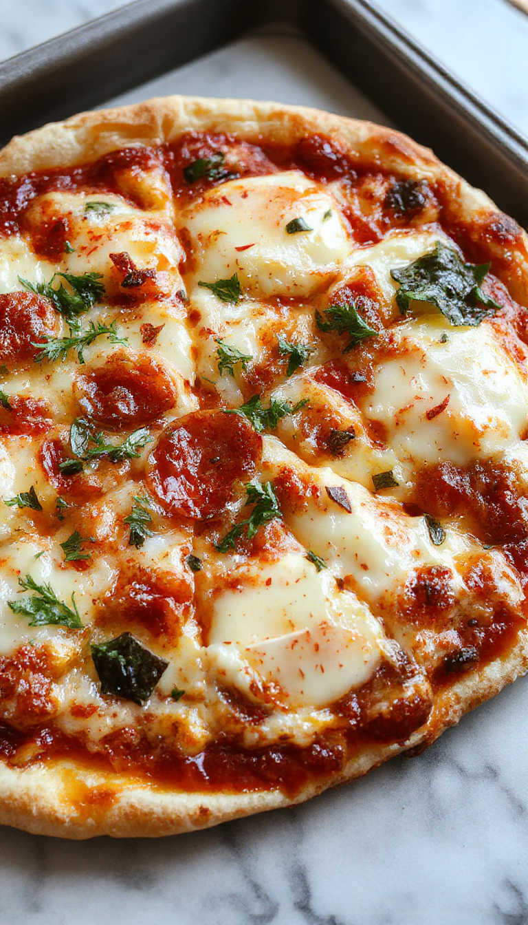 A sliced crustless pizza on a white plate, showcasing colorful toppings like cheese, peppers, and pepperoni, with a golden melted appearance.