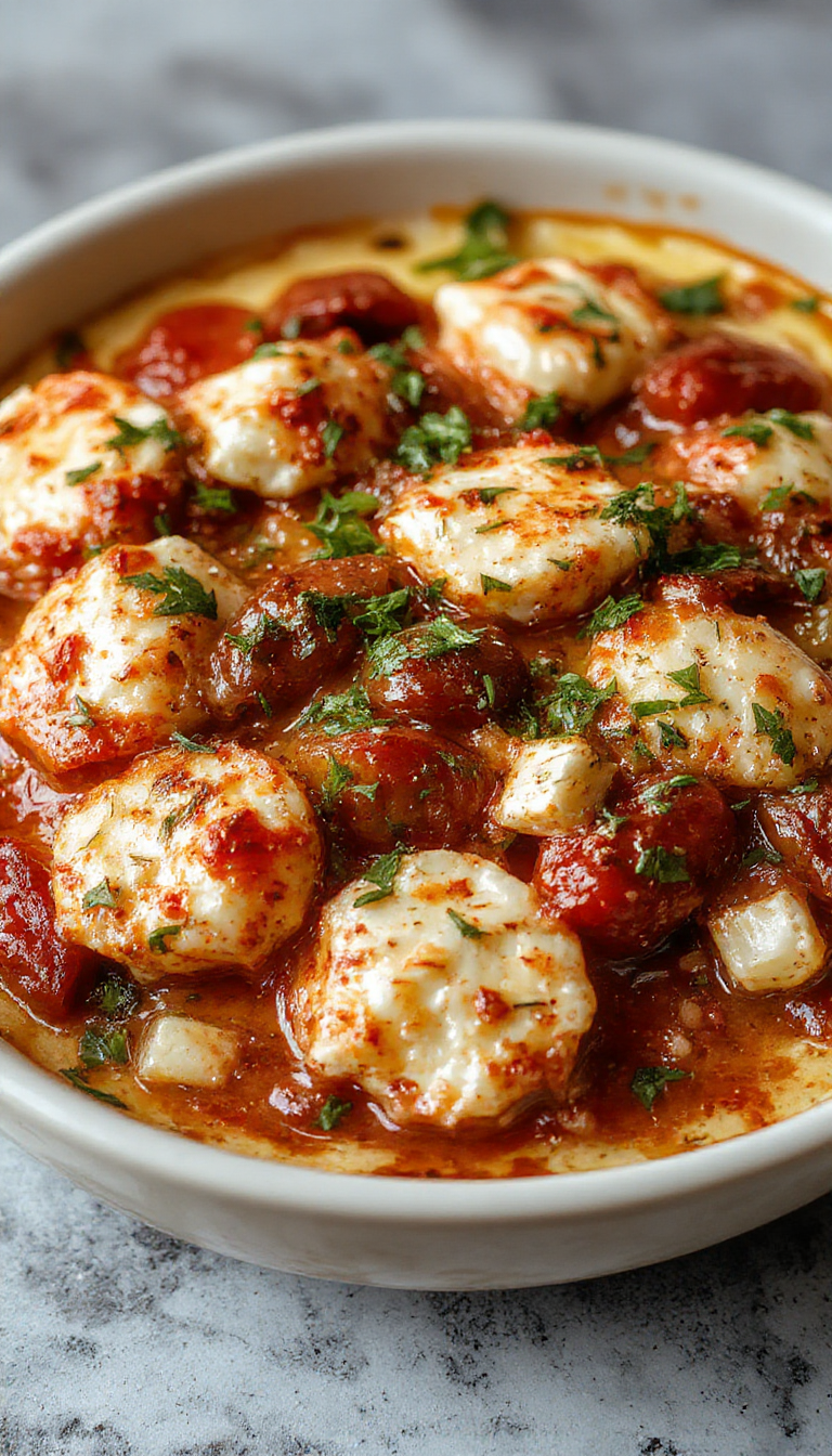 A sizzling dish of baked feta and juicy tomatoes bubbling on a skillet with fresh herbs and crusty bread on the side