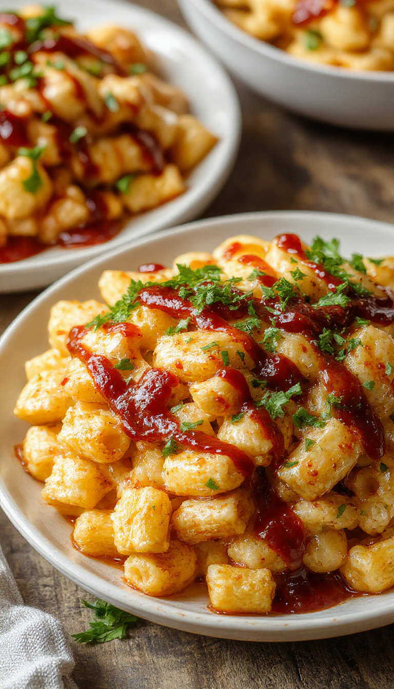 Creamy BBQ Chicken Mac and Cheese served in a rustic bowl with melted cheese and grilled chicken pieces on top.