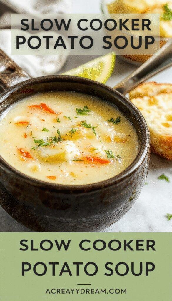 A steaming bowl of creamy cheesy slow cooker potato soup garnished with chopped green onions and shredded cheese, served with crusty bread on the side.