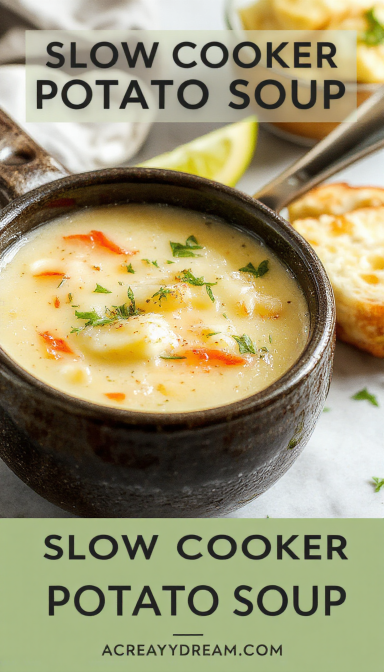 A steaming bowl of creamy cheesy slow cooker potato soup garnished with chopped green onions and shredded cheese, served with crusty bread on the side.
