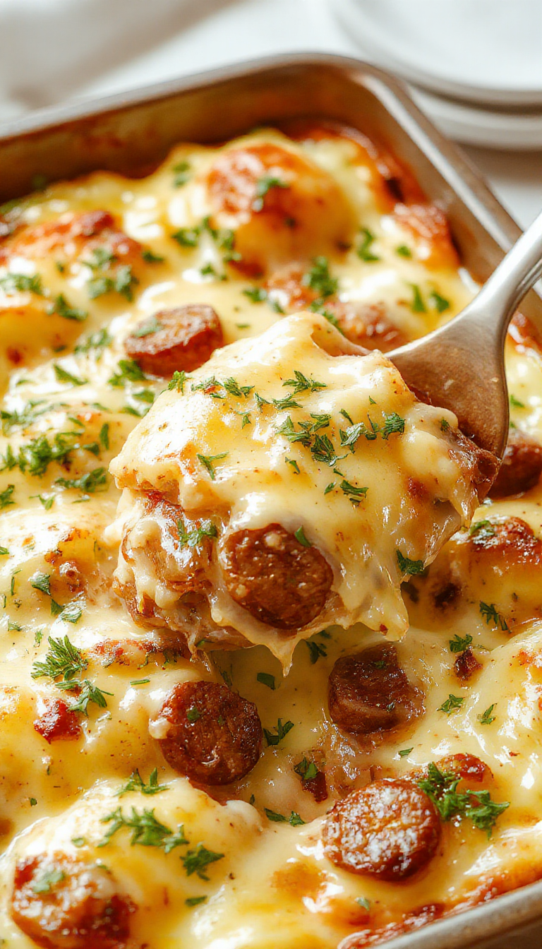 A plate of cheesy ranch sausage and potato bake with golden melted cheese, crispy sausage pieces, and fresh herbs garnished on top.