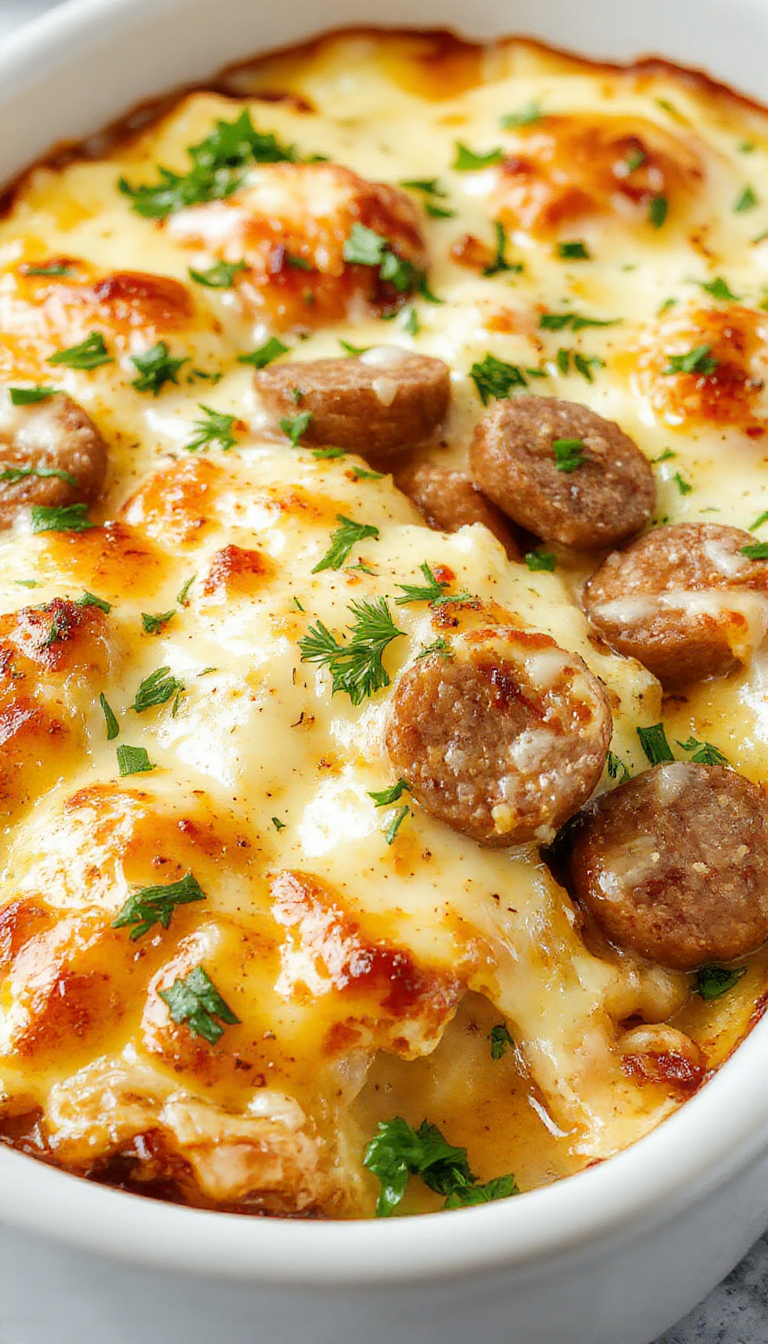 A delicious cheesy ranch sausage bake in a baking dish, topped with melted cheese and garnished with herbs, ready to serve.