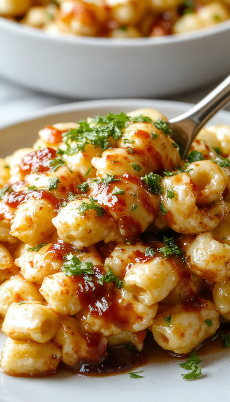 A close-up of creamy macaroni and cheese topped with shredded BBQ chicken and a drizzle of tangy barbecue sauce, garnished with chopped herbs.