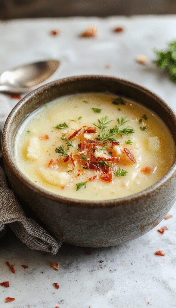 A steaming bowl of creamy potato soup topped with chopped green onions and crispy bacon, served with a slice of crusty bread on the side.