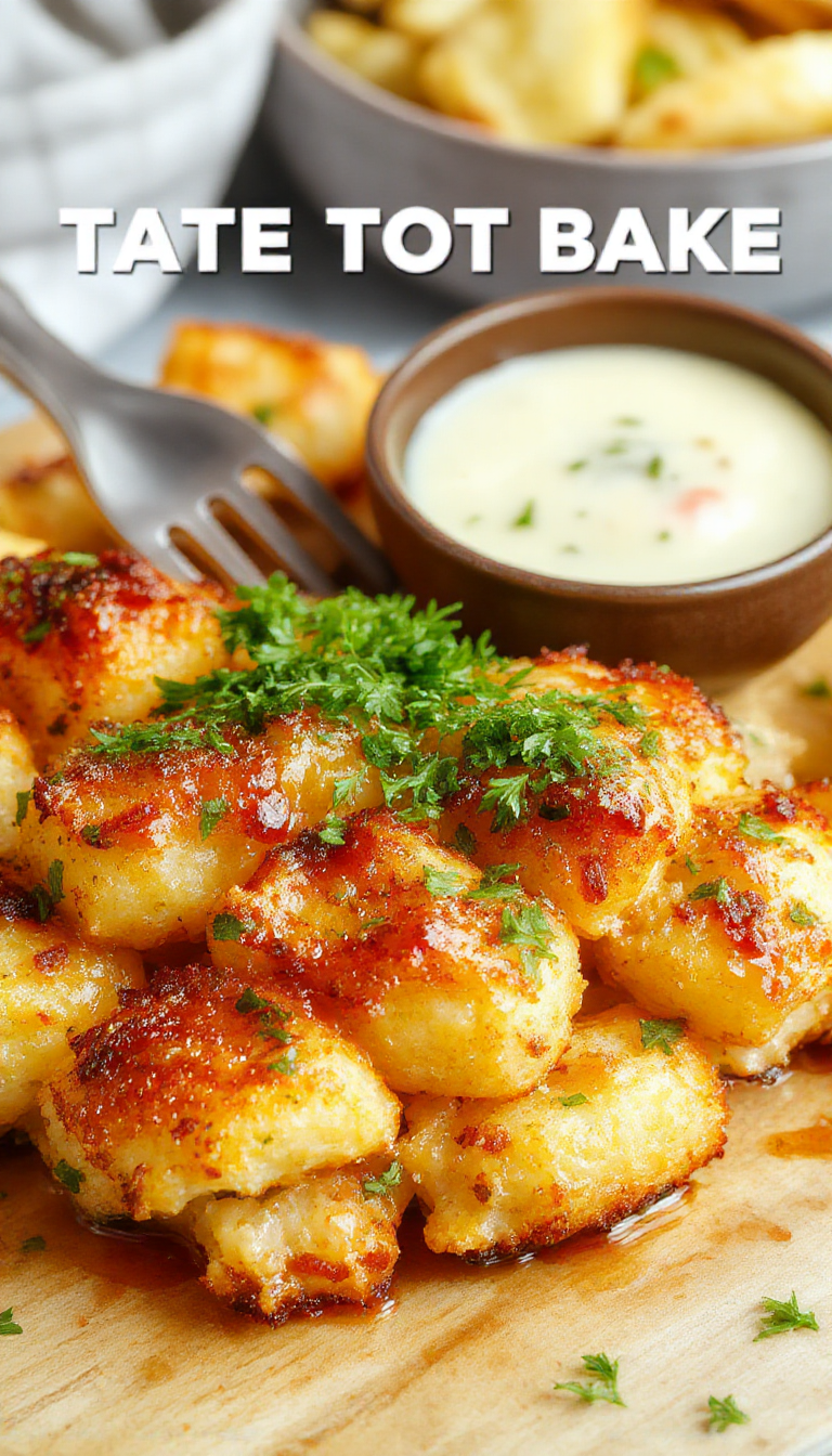 A golden-brown Tater Tot Bake topped with melted cheese, crispy bacon bits, and fresh green onions served in a ceramic casserole dish.