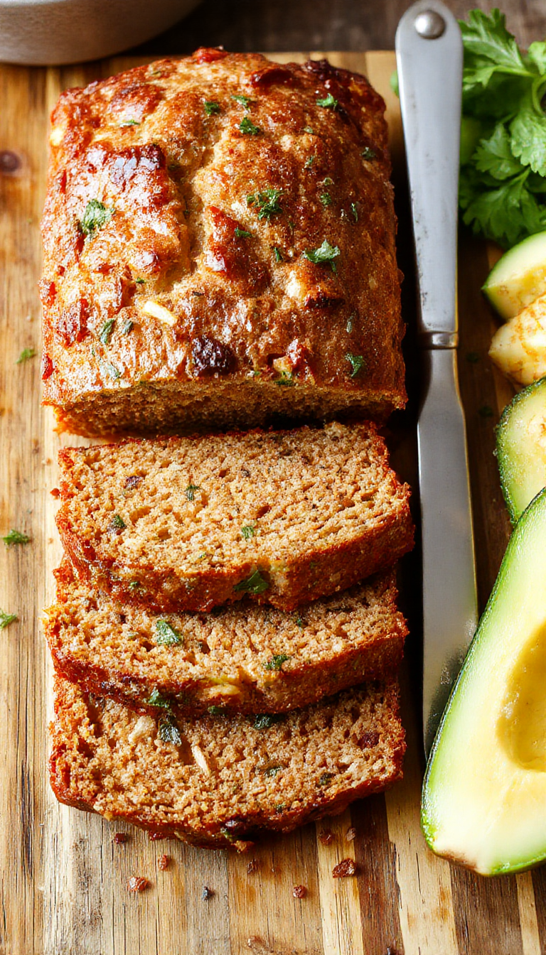 A freshly sliced zucchini loaf on a rustic wooden board, garnished with fresh herbs and a drizzle of honey, showcasing its moist texture.
