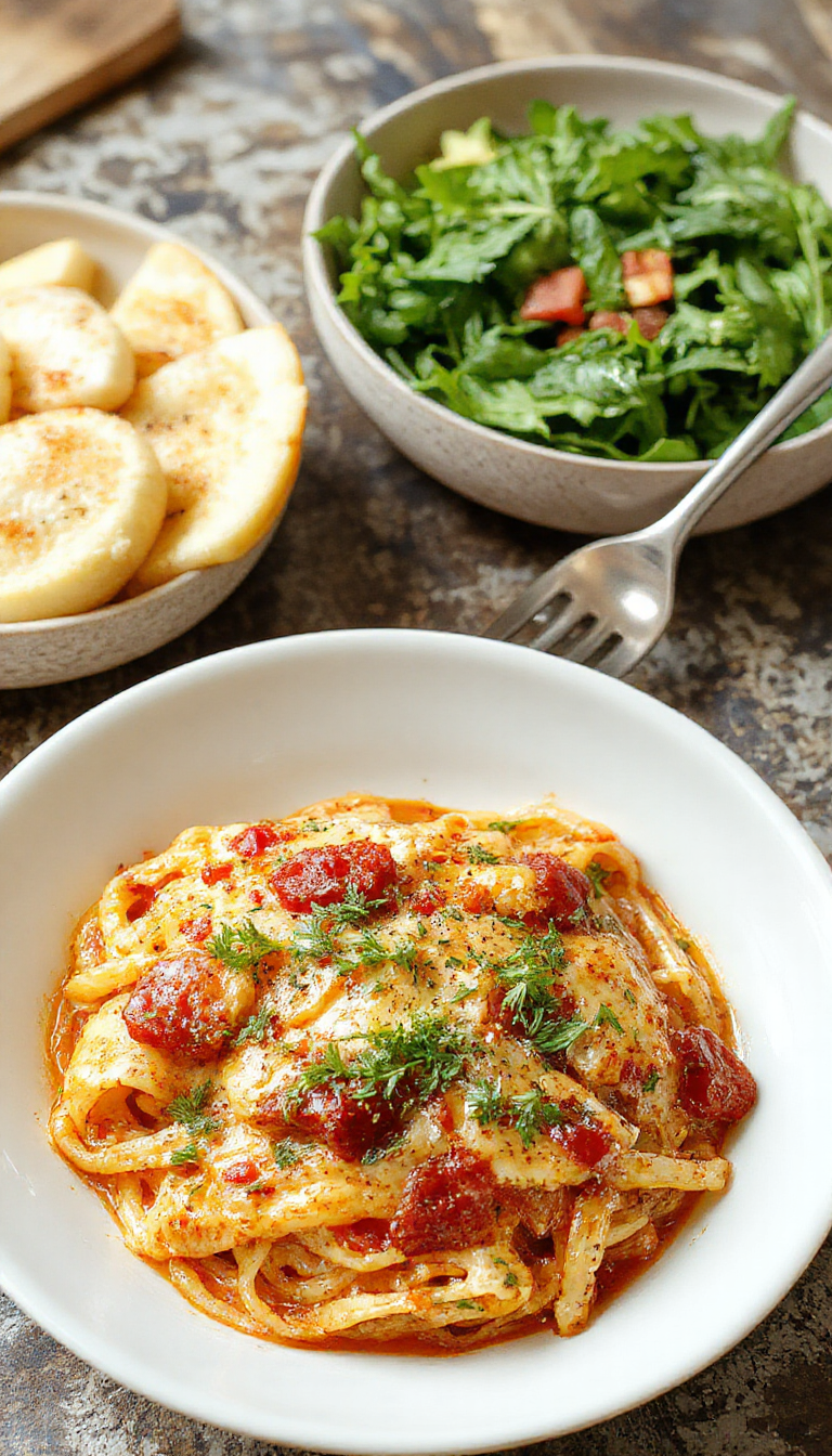 A comforting baked Southern chicken spaghetti dish with spicy sauce, melted cheese, and garnished herbs in a rustic casserole dish.
