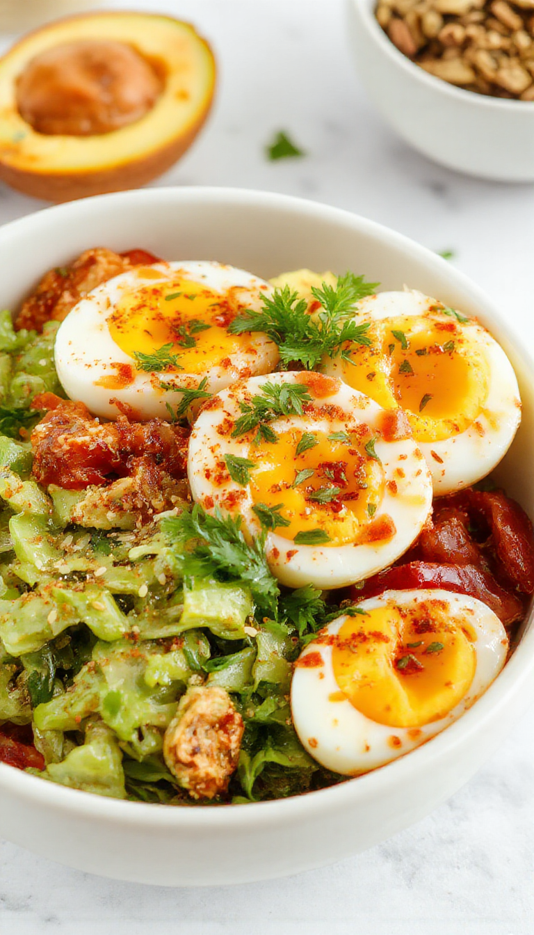 A colorful egg roll bowl with shredded cabbage, carrots, and sliced pork served over rice, garnished with green onions and sesame seeds.