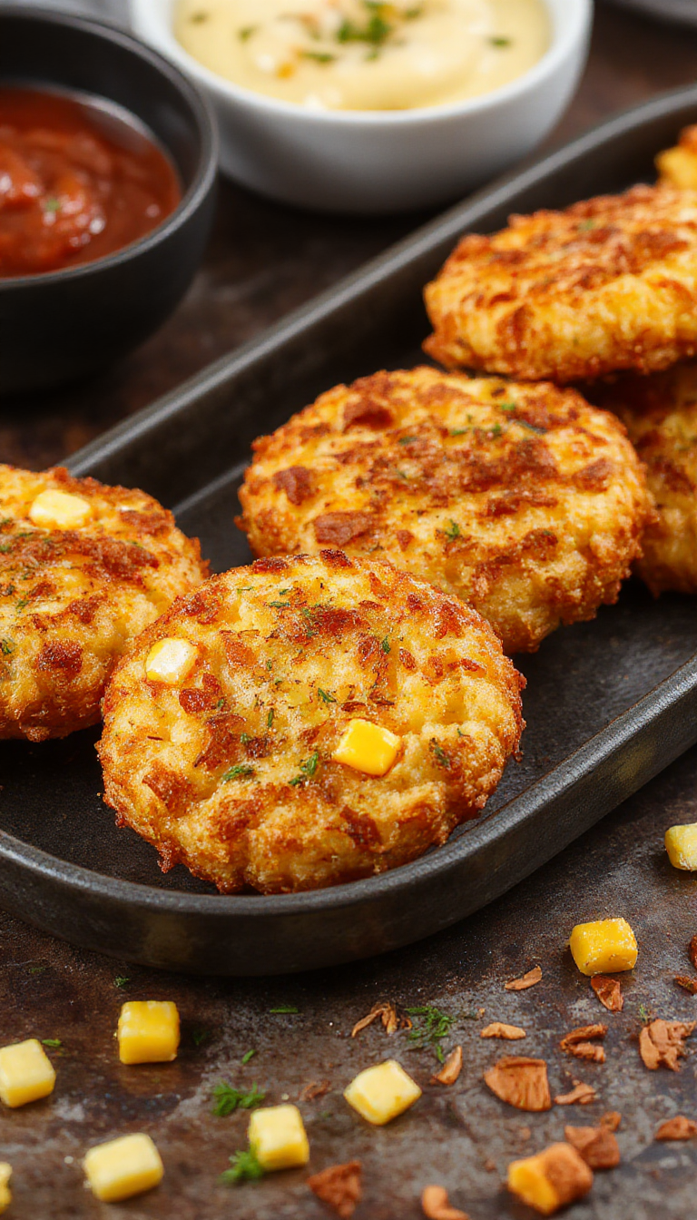 Golden crispy cheesy corn fritters stacked on a plate, garnished with fresh herbs and served with dipping sauce.