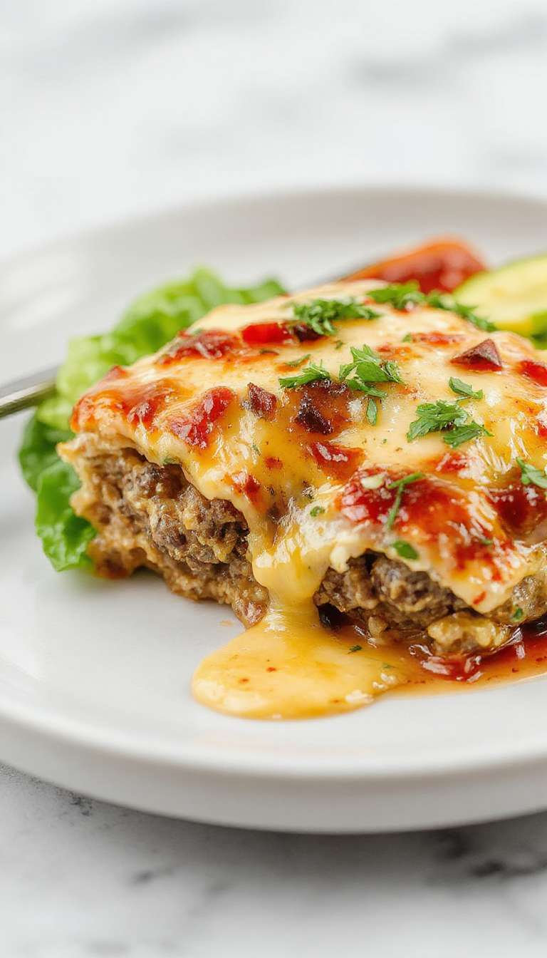 A delicious low-carb cheeseburger bake with layers of seasoned beef, melted cheese, and fresh toppings in a casserole dish