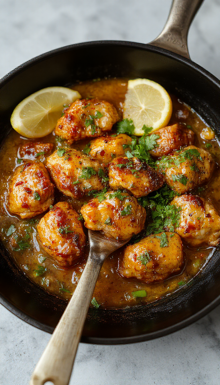 A sizzling skillet of golden buttery chicken garnished with fresh herbs and served alongside steaming rice.