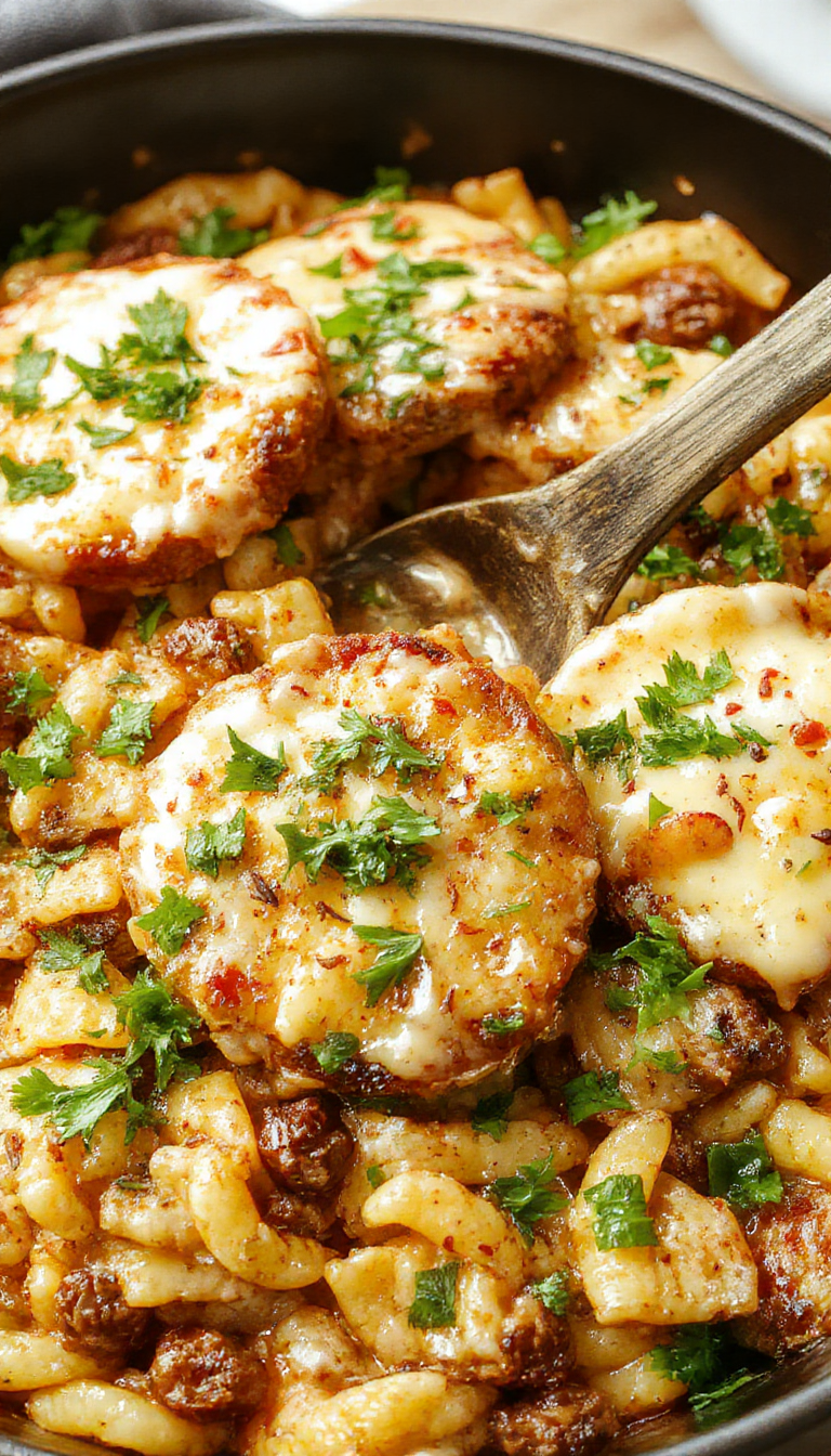 A close-up of a sizzling skillet filled with cheesy cheeseburger orzo, topped with fresh lettuce, tomatoes, and a sprinkle of herbs.