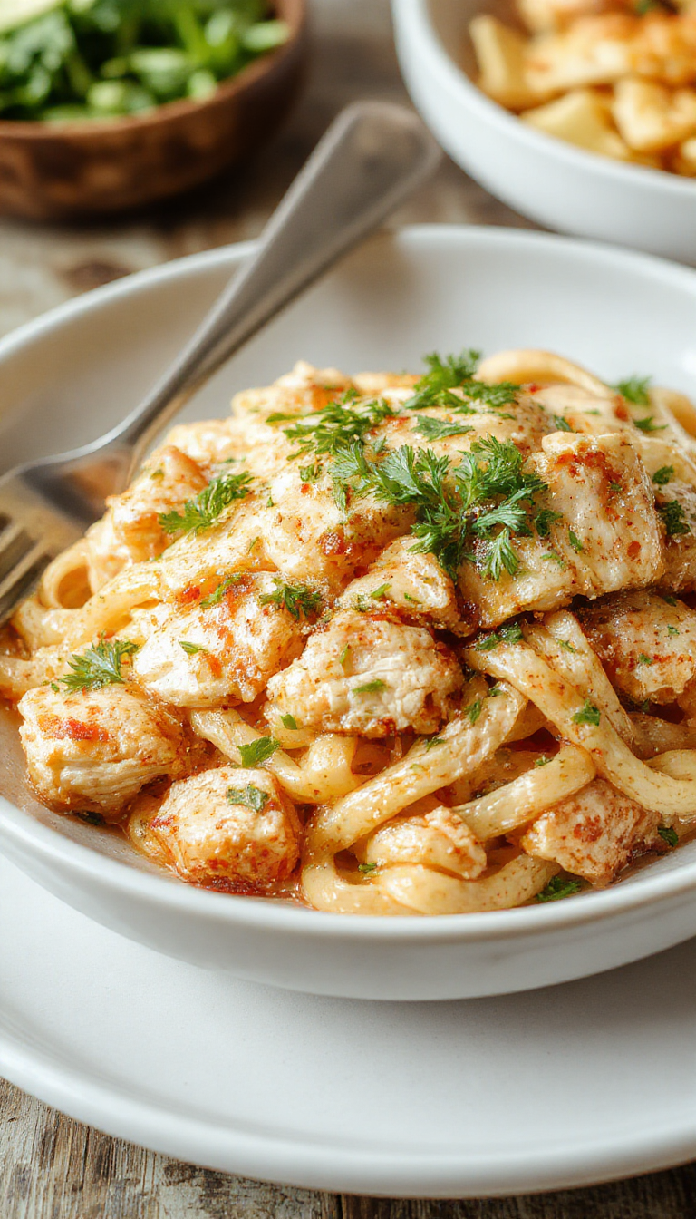 A plate of Southern Chicken Spaghetti topped with fresh herbs and melted cheese, served alongside a side of crispy Southern-style vegetables.