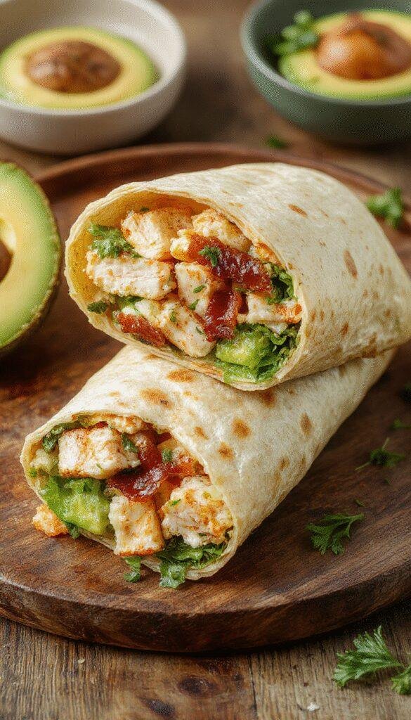 A delicious turkey bacon avocado wrap on a plate, filled with fresh avocado slices, crispy turkey bacon, and vibrant greens.