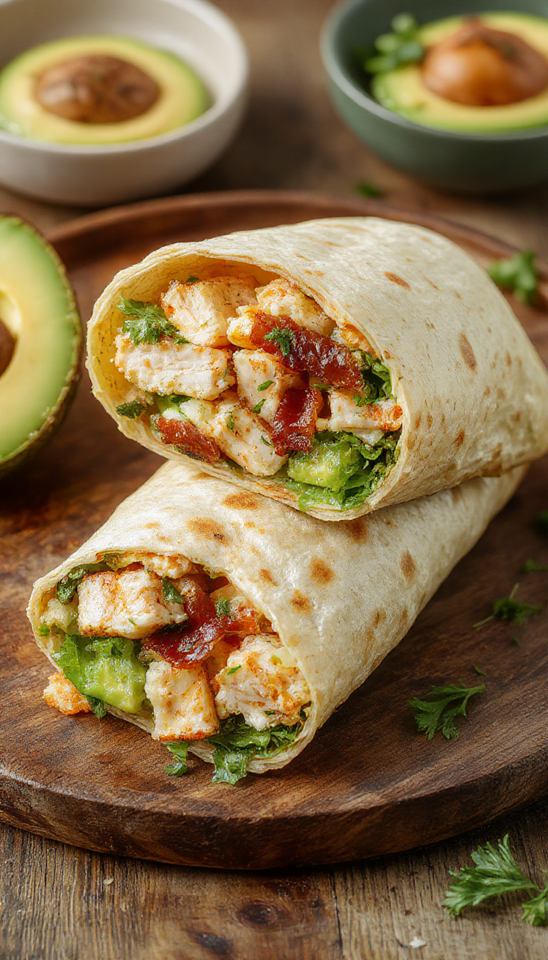 A delicious turkey bacon avocado wrap on a plate, filled with fresh avocado slices, crispy turkey bacon, and vibrant greens.