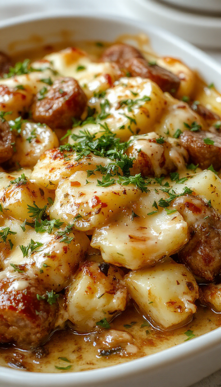 A hearty plate of ranch-seasoned baked potatoes topped with slices of smoky sausage, garnished with fresh herbs and served with a side of melted cheese.