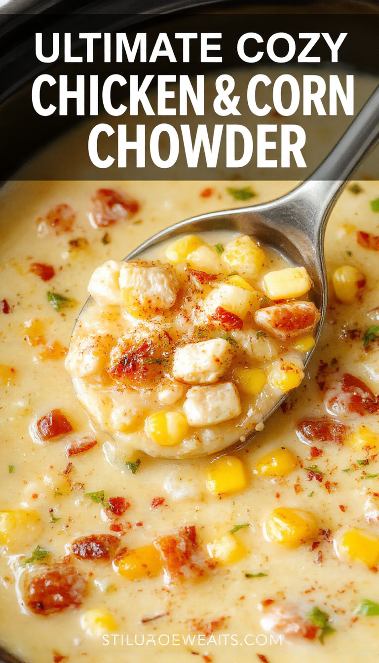 A steaming bowl of Ultimate Cozy Chicken & Corn Chowder with tender chicken pieces, sweet corn, and creamy broth, garnished with herbs.