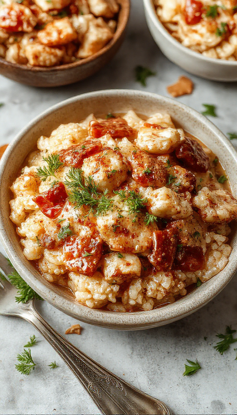 A warm bowl of Velvet Chicken & Rice featuring tender chicken pieces served over fluffy rice, garnished with herbs and a silky, velvety sauce.
