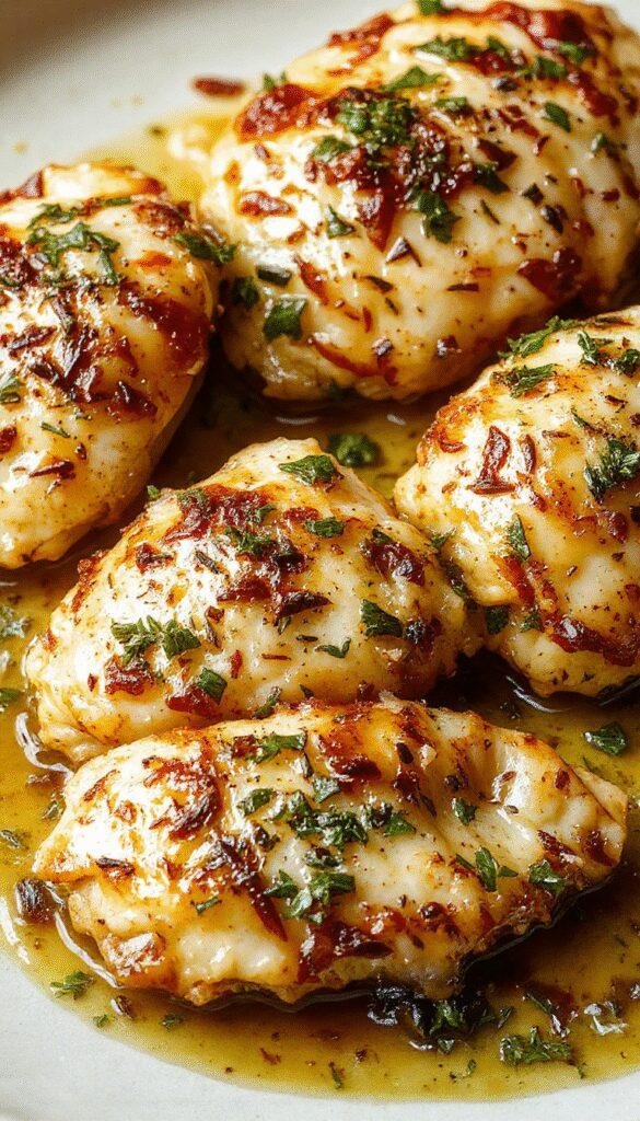 A plate of tender Garlic Parmesan Chicken garnished with fresh herbs, showcasing its crispy golden crust and creamy interior.