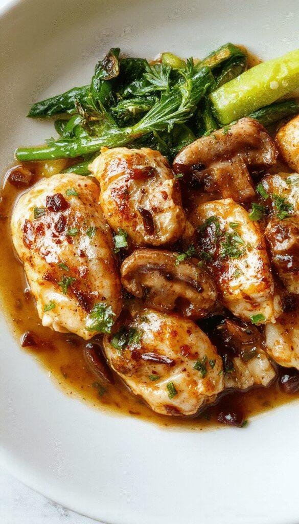 A close-up of Velvety Mushroom Chicken featuring tender chicken pieces covered in a rich, creamy mushroom sauce garnished with fresh herbs.