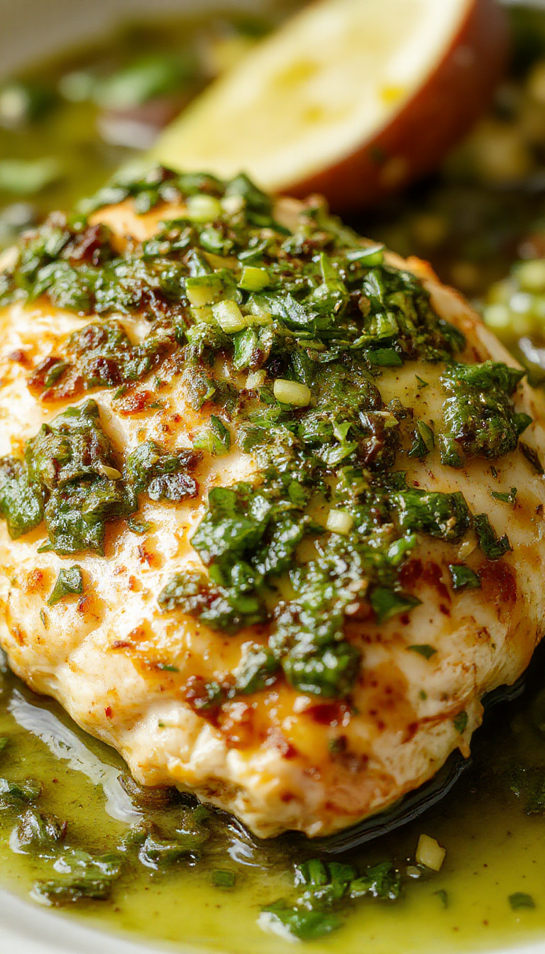 Creamy pesto-coated chicken breasts garnished with fresh basil and cherry tomatoes on a rustic wooden table.