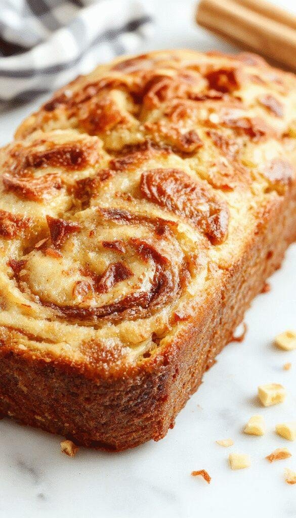 A slice of warm cinnamon swirl banana bread on a rustic wooden plate, garnished with a sprinkle of cinnamon and a dollop of butter.