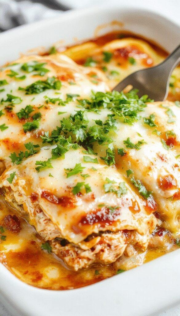 A delicious chicken enchilada bake served in a baking dish, topped with melted cheese and fresh cilantro, ready to be enjoyed for a weeknight dinner.
