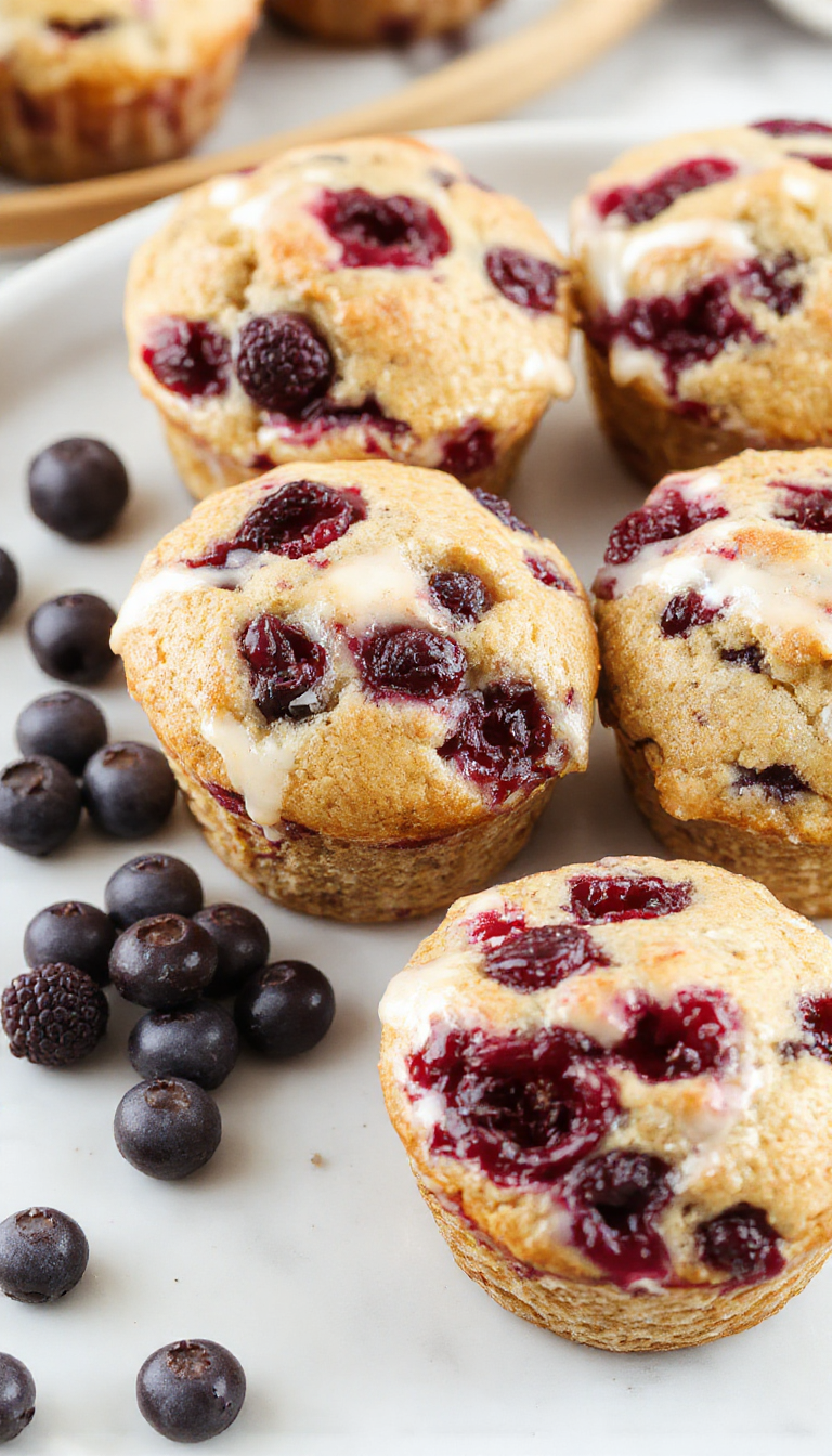 A batch of fluffy blueberry yogurt muffins with fresh blueberries on top, placed on a rustic wooden table.