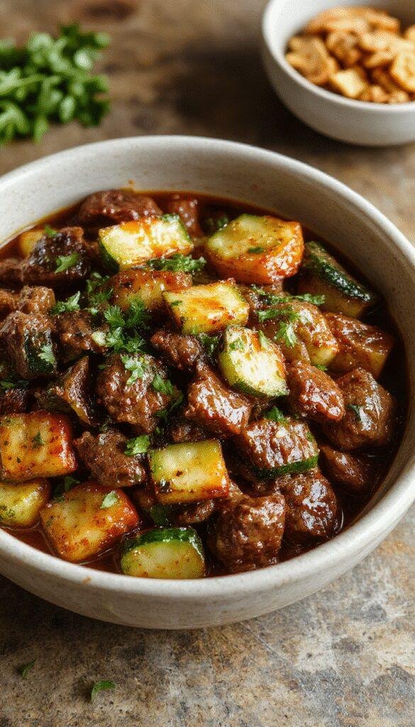A colorful plate of Wholesome Zucchini Beef Stir-Fry featuring tender beef slices, vibrant zucchini strips, and chopped green onions garnished with sesame seeds.