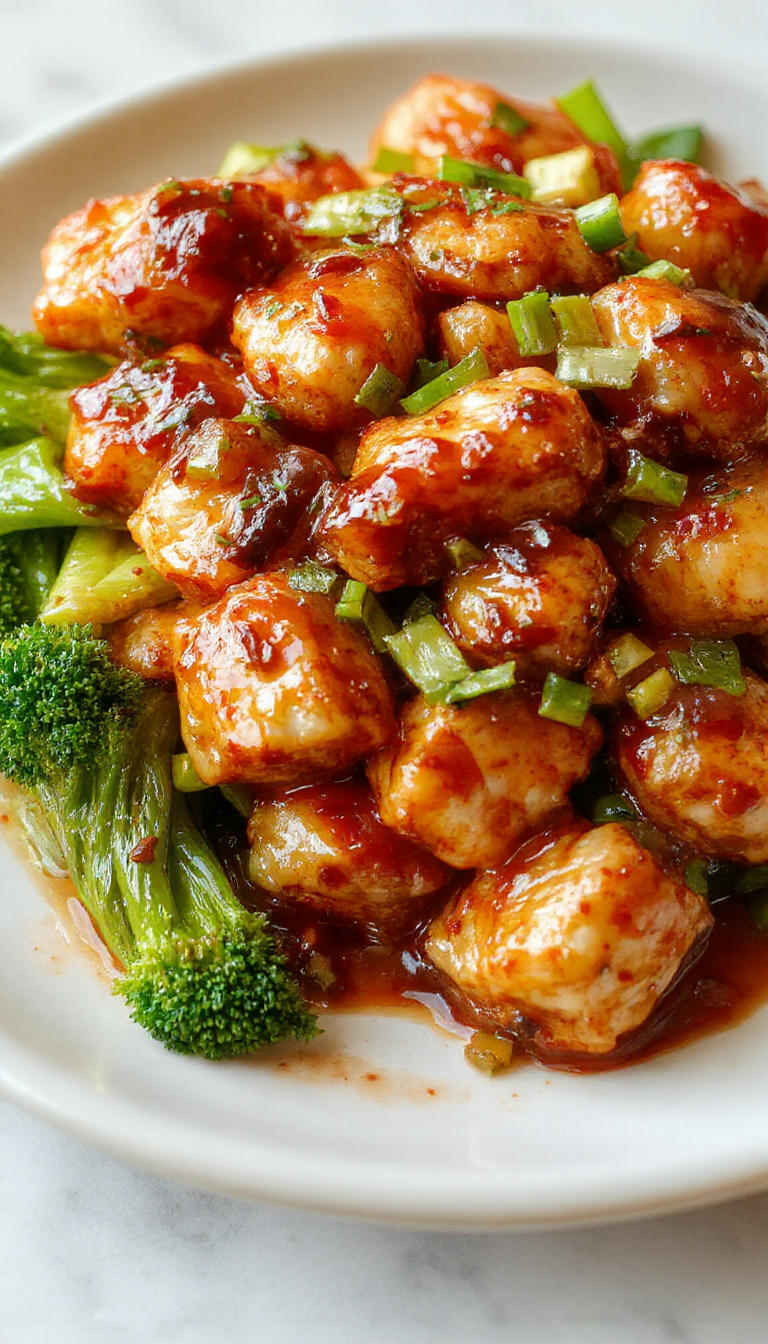 Plate of Zesty Asian Sweet Chili Chicken garnished with green onions and sesame seeds, served with steamed rice and vegetables