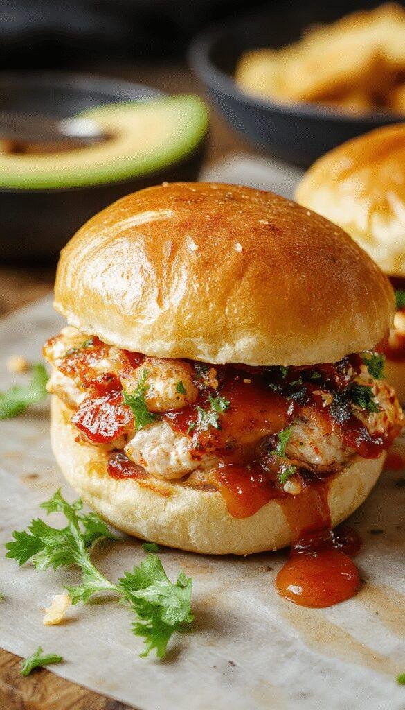 A plate of zesty chicken sliders garnished with fresh herbs, showcasing golden-brown mini buns filled with seasoned chicken and vibrant toppings.