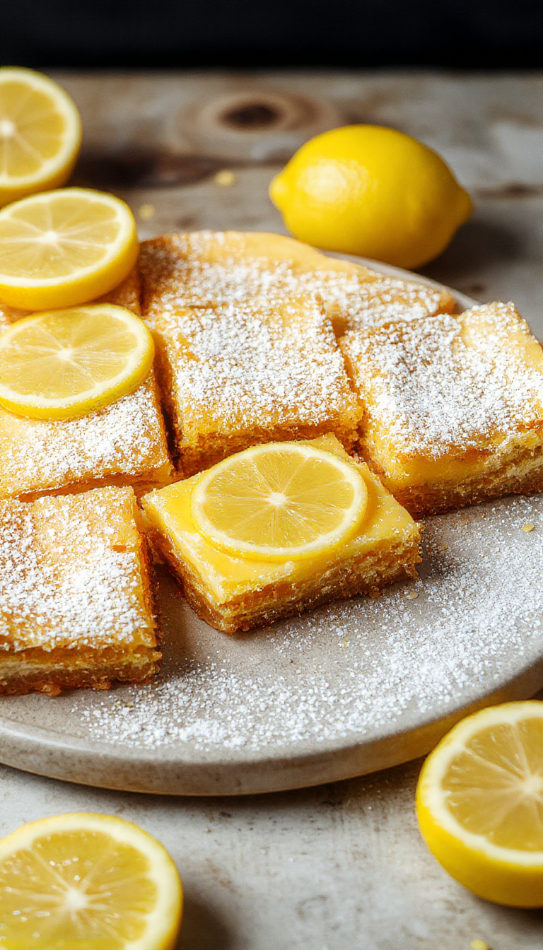 A vibrant lemon bar with a golden crust, topped with a dusting of powdered sugar and fresh lemon slices, set on a bright citrus-themed plate.