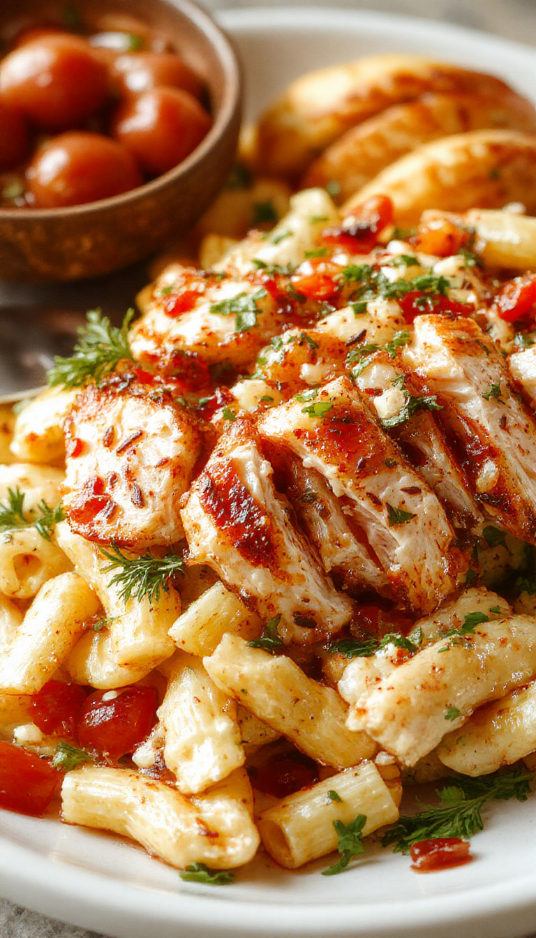 A vibrant bowl of Zesty Mediterranean Chicken Pasta Salad featuring colorful vegetables, grilled chicken slices, and a tangy dressing on a summer picnic table.