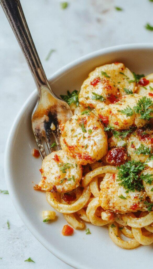Colorful plate of Zesty Mediterranean Chicken Pasta with vibrant vegetables and herbs garnished with lemon slices