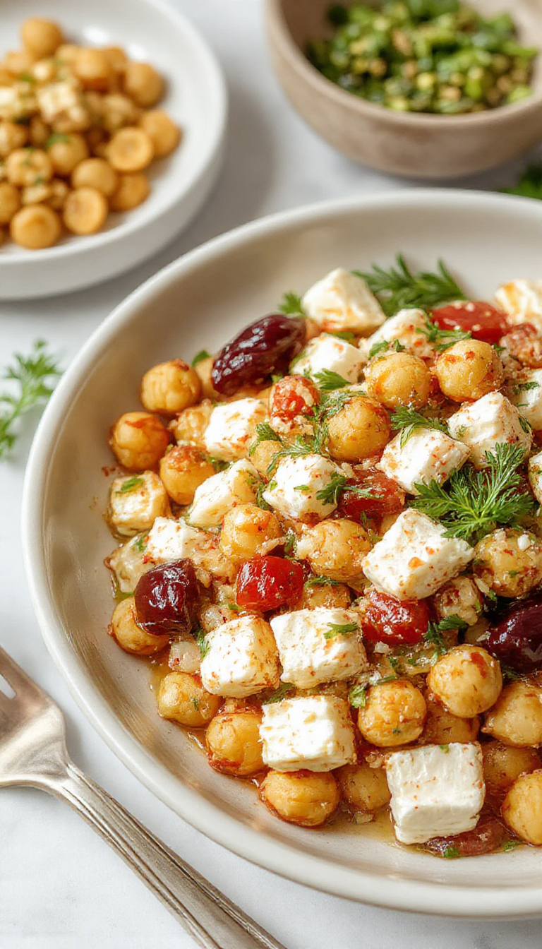 A colorful bowl of Zesty Mediterranean Chickpea & Feta Salad featuring chickpeas, feta cheese, cherry tomatoes, cucumber, and fresh herbs drizzled with lemon dressing.