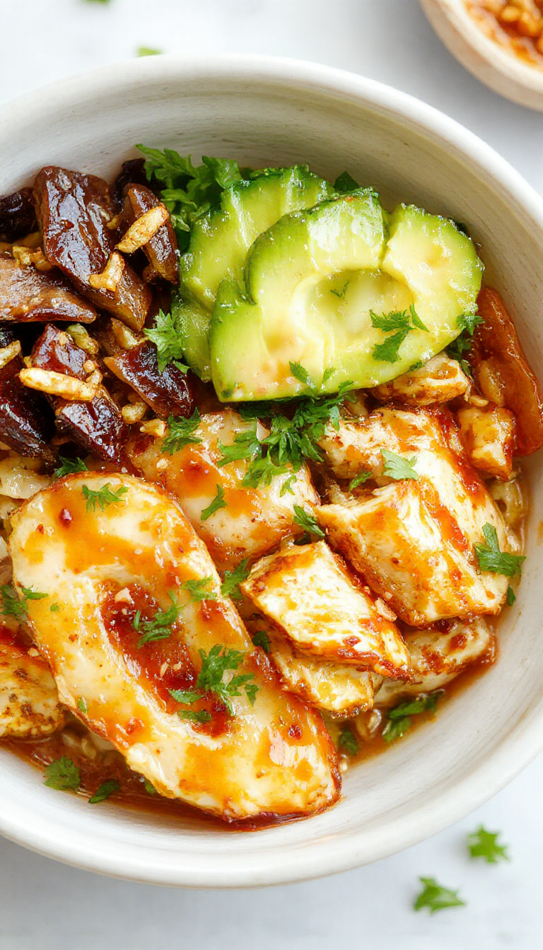 Colorful Zesty Peanut Chicken Power Bowl with grilled chicken slices, fresh vegetables, and peanut sauce drizzled on top.
