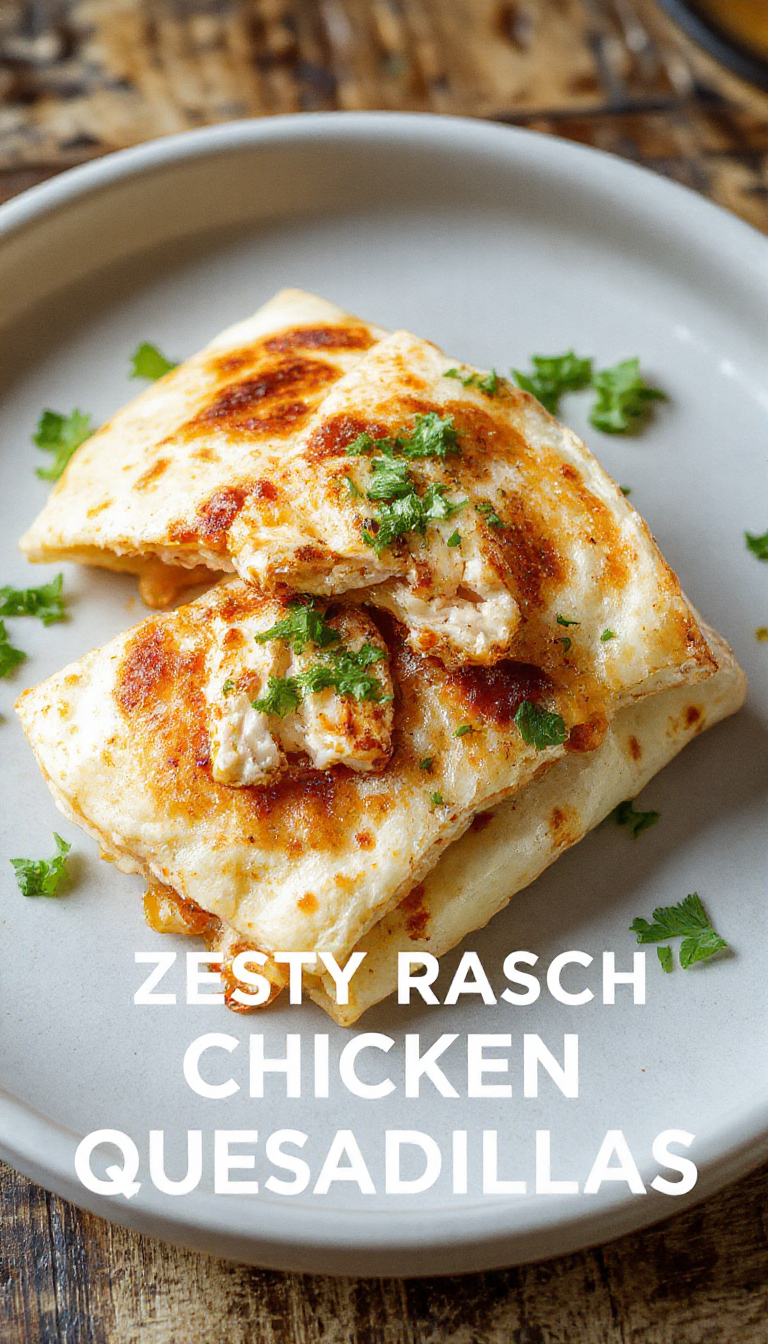 Golden-brown chicken quesadillas filled with melted cheese and zesty ranch sauce, sliced into triangles on a plate garnished with fresh herbs.