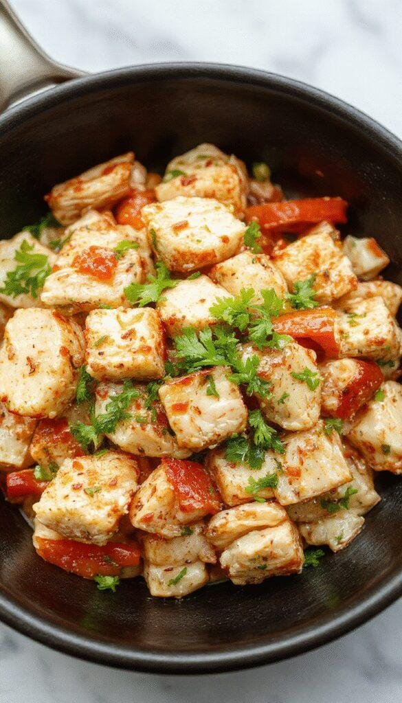 Colorful zesty turkey and bell pepper stir-fry served in a white bowl with fresh herbs.