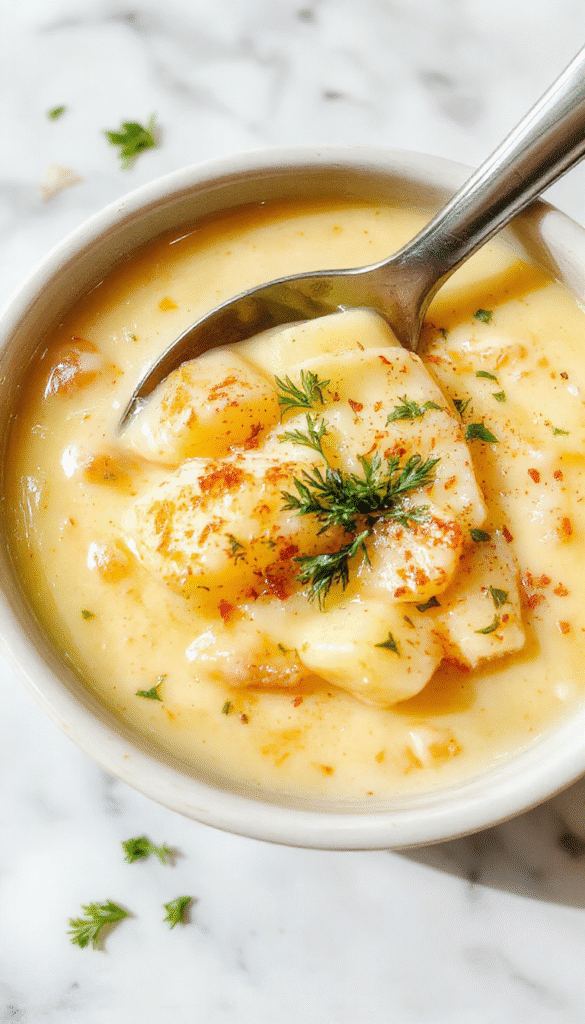 A warm bowl of creamy potato soup topped with melted cheddar cheese, fresh herbs, and chopped garlic, served in a rustic white bowl with a spoon, surrounded by rustic ingredients like potatoes, garlic cloves, and herbs, with a cozy kitchen background and soft natural lighting.