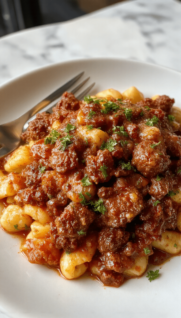 A vibrant bowl of savory ground beef orzo sitting on a rustic wooden table, garnished with chopped herbs. The dish features tender ground beef mixed with perfectly cooked orzo pasta, topped with freshly grated Parmesan cheese and colorful cherry tomatoes, creating a warm and inviting meal.