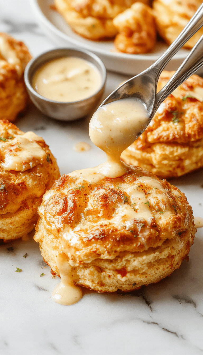 Golden-brown cheddar bay biscuits stuffed with tender crab meat, topped with a sprinkle of herbs, served on a white plate alongside a vibrant lemon butter sauce, with a rustic wooden background highlighting the flaky textures of the biscuits and the creamy sauce for an elegant presentation.