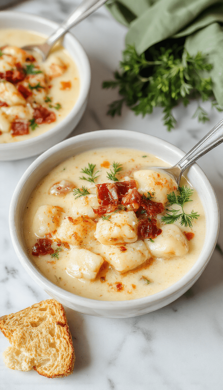A bowl of creamy bacon cheddar gnocchi soup garnished with chopped chives and melted cheese, served in a rustic white bowl. The soup has a rich, velvety texture with golden brown bacon bits, tender gnocchi, and melted cheddar cheese on top. The background features a cozy kitchen setting with a wooden spoon and fresh ingredients scattered around, emphasizing warmth and comfort.