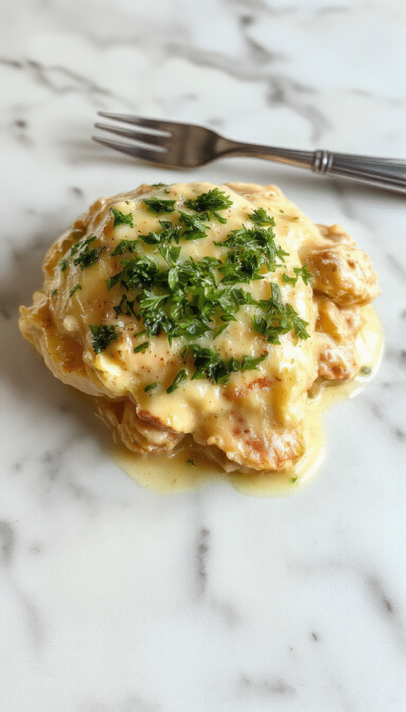 A delectable serving of baked chicken stroganoff on a white plate, featuring tender shredded chicken in a rich creamy mushroom sauce, topped with herbs, accompanied by a side of al dente pasta and garnished with chopped parsley. The dish has a glossy, velvety texture, with a golden-brown baked top, styled with rustic wooden background and soft lighting highlighting the creamy sauce.